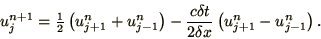\begin{displaymath}
u_j^{n+1} = {\mathchoice{{\textstyle{\frac12}}}{{\textstyle...
...c \delta t\over 2\delta x}\left(u_{j+1}^n - u_{j-1}^n\right).
\end{displaymath}