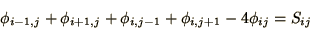 \begin{displaymath}
\phi_{i-1,j} + \phi_{i+1,j} + \phi_{i,j-1} + \phi_{i,j+1} - 4\phi_{ij} =
S_{ij}
\end{displaymath}