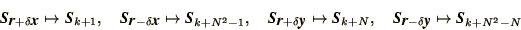 \begin{displaymath}
\bi{S}_{\bi{r} + \delta\bi{x}} \mapsto \bi{S}_{k+1},\quad
\b...
...,\quad
\bi{S}_{\bi{r} - \delta\bi{y}} \mapsto \bi{S}_{k+N^2-N}
\end{displaymath}